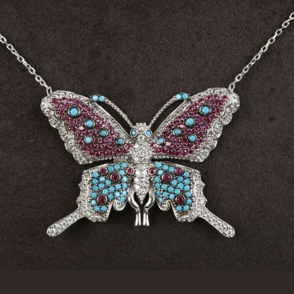 Turquoise & ruby sterling butterfly necklace
